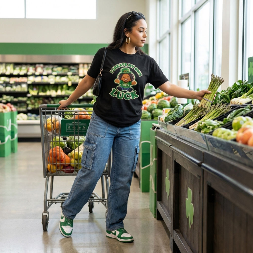 Person shopping in a grocery store with a cart, wearing a black t-shirt with a graphic design "I Create My Own Luck" and "Find A Reason To Smile" on the back.