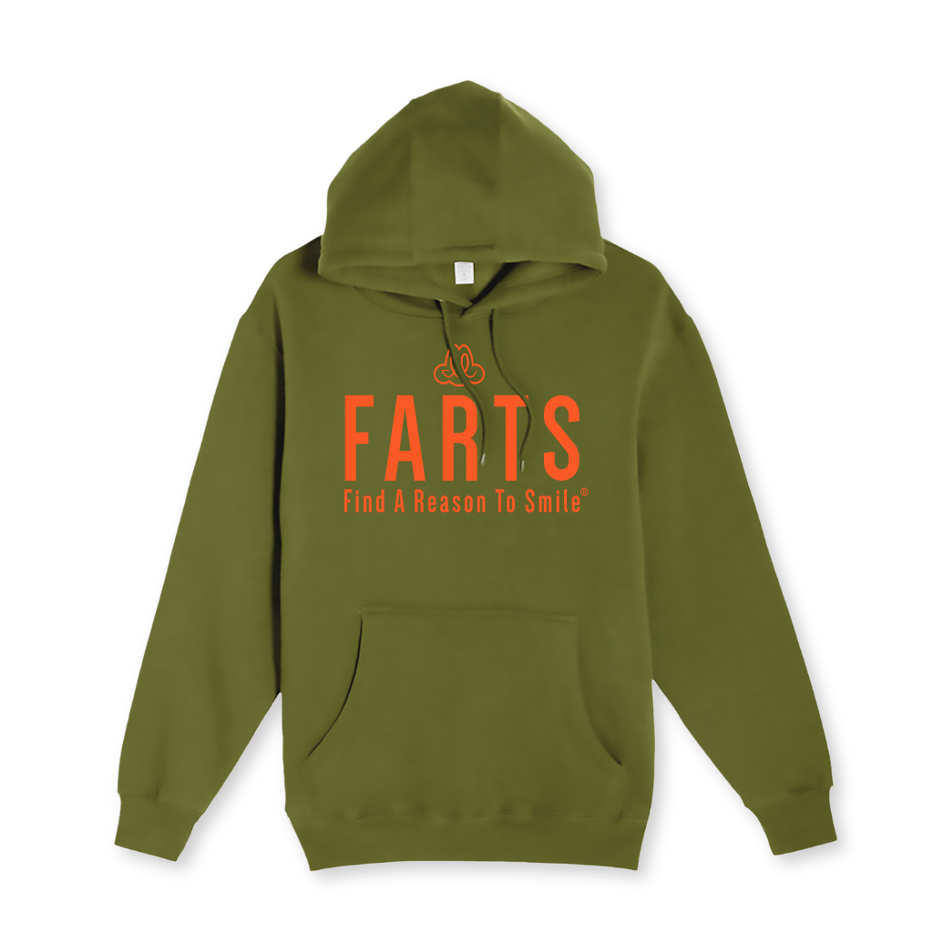 Military green hoodie with bold orange FARTS logo and “Find A Reason To Smile” message, mental health streetwear for healing and fall layering