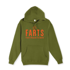 Military green hoodie with bold orange FARTS logo and “Find A Reason To Smile” message, mental health streetwear for healing and fall layering