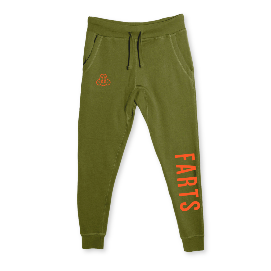 Military green joggers with bold orange FARTS logo and “Find A Reason To Smile” printed on the leg, unisex mental health awareness sweatpants for fall comfort and streetwear style