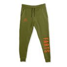 Military green joggers with bold orange FARTS logo and “Find A Reason To Smile” printed on the leg, unisex mental health awareness sweatpants for fall comfort and streetwear style