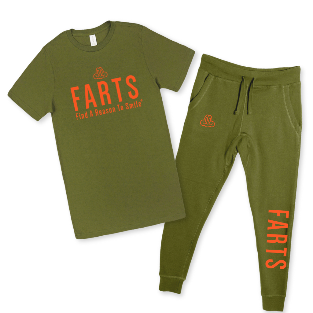 Military green FARTS Find A Reason To Smile t shirt with matching orange joggers, bold gratitude outfit, Black Friday bundle set