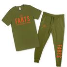 Military green FARTS Find A Reason To Smile t shirt with matching orange joggers, bold gratitude outfit, Black Friday bundle set