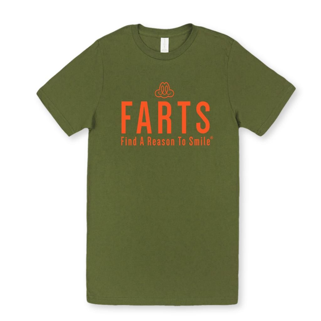 Military green t-shirt with bright orange FARTS logo and “Find A Reason To Smile” text, unisex mental health awareness shirt for everyday gratitude and healing energy
