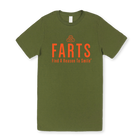 Military green t-shirt with bright orange FARTS logo and “Find A Reason To Smile” text, unisex mental health awareness shirt for everyday gratitude and healing energy
