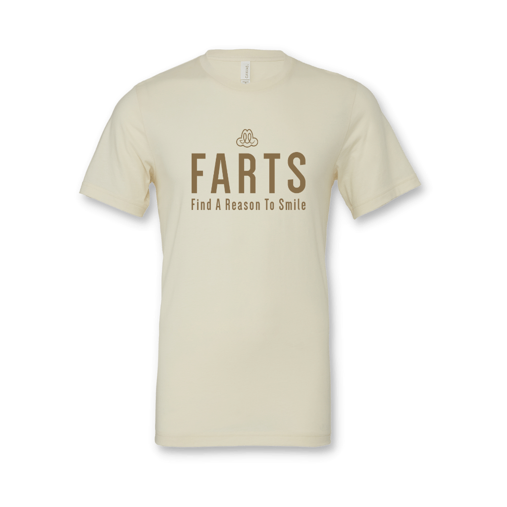 Natural tan t-shirt with brown FARTS text, unisex gratitude and healing shirt for mental clarity