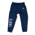 Navy blue FARTS joggers with “Find A Reason To Smile” message, soft motivational unisex sweatpants for mental wellness