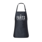 Navy blue and white FARTS apron with uplifting message, designed for mental health, gratitude, and creative self-expression