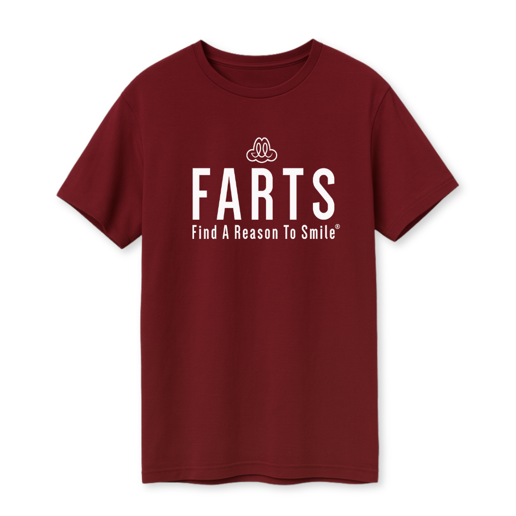 Oxblood red and black FARTS shirt made with organic Supima cotton – slim fit empowerment and healing T-shirt
