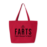 Red tote bag with strong black FARTS design, spacious 27-liter zip-top motivational bag for daily errands and purpose-driven living
