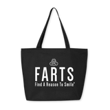 Black zipper tote bag with bold white “Find A Reason To Smile” message, 27-liter capacity with inner pocket for secure daily carry