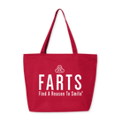 Red zipper tote bag with bold white “Find A Reason To Smile” message, large 27-liter carryall with secure closure and inner pocket