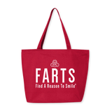 Red zipper tote bag with bold white “Find A Reason To Smile” message, large 27-liter carryall with secure closure and inner pocket