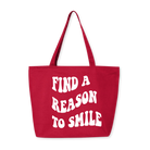 Red zipper tote bag with white groovy “Find A Reason To Smile” message, 27-liter carryall with secure zip-top closure and inside flap pocket