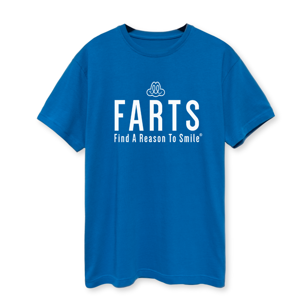 Royal blue and white FARTS shirt made with organic cotton – slim fit men’s mental health T-shirt for bold gratitude and confidence