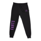 Black FARTS joggers with purple motivational message, soft fleece interior and relaxed fit for emotional clarity and movement