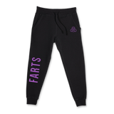 Black FARTS joggers with purple motivational message, soft fleece interior and relaxed fit for emotional clarity and movement