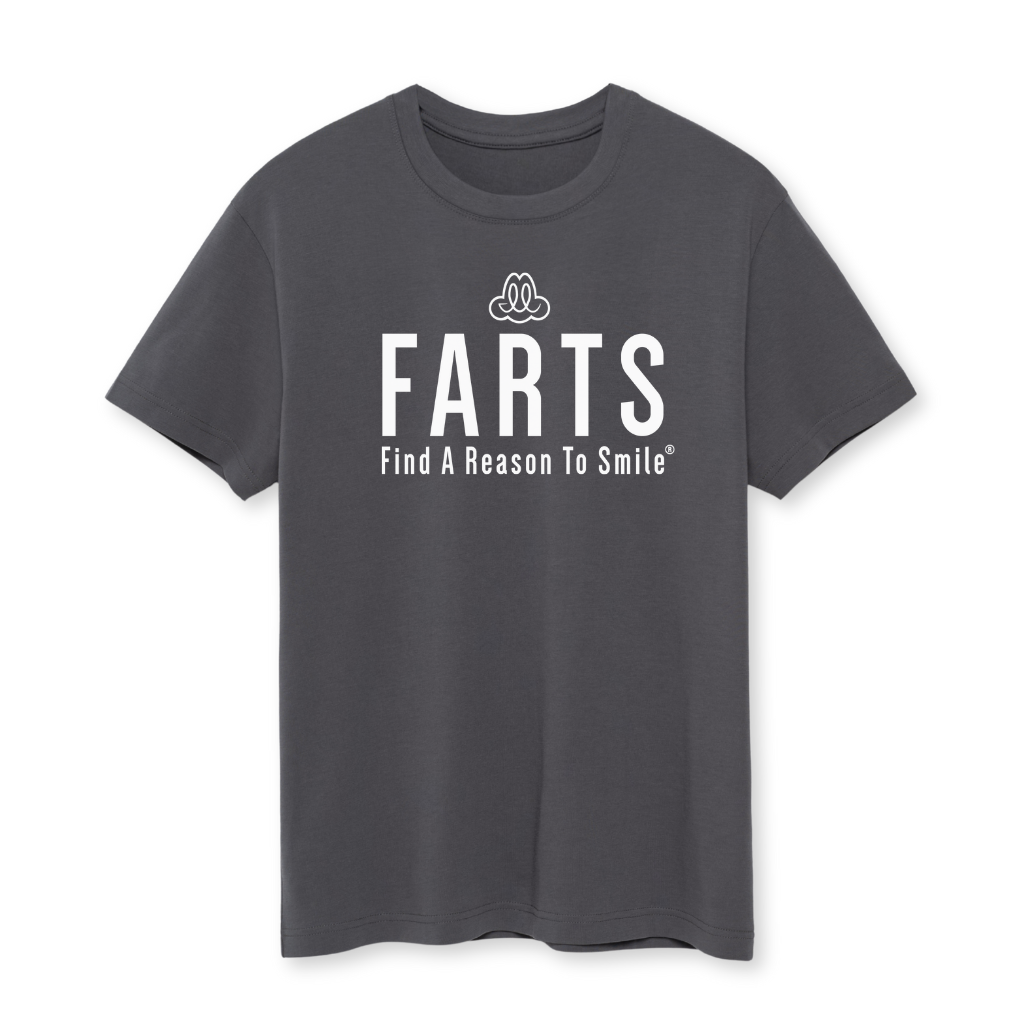 Slate gray FARTS shirt in organic Supima cotton – slim fit men’s mental health T-shirt for quiet confidence and clarity
