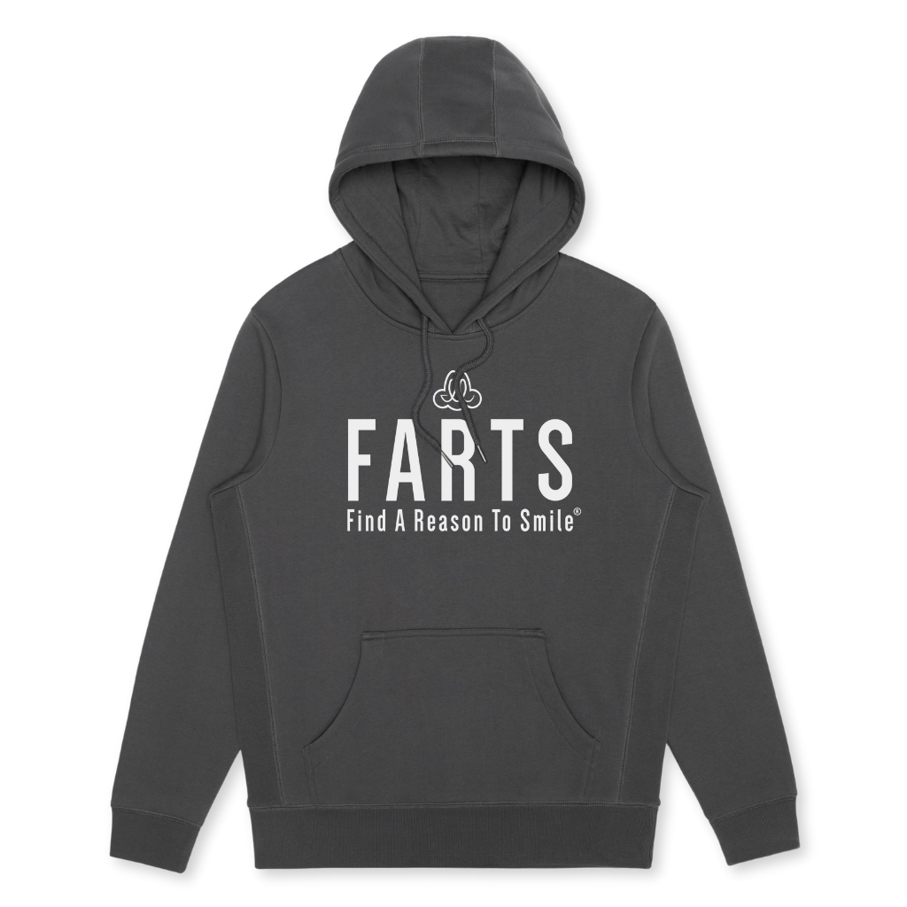 Slate gray hoodie with bold white FARTS logo and “Find A Reason To Smile®” affirmation, unisex gratitude streetwear for mental health awareness