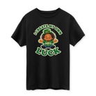 Black t-shirt with a cartoon character Grateful Gary and text on a white background saying I Create My Own Luck