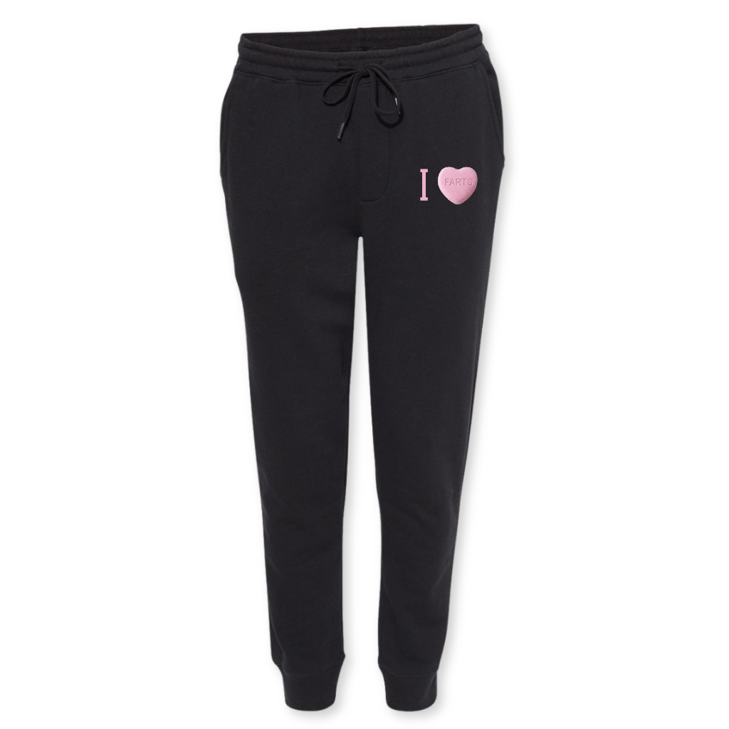 Black SweetFARTS joggers with I Heart FARTS detail – cozy mental health joggers designed to match the SweetFARTS hoodie
