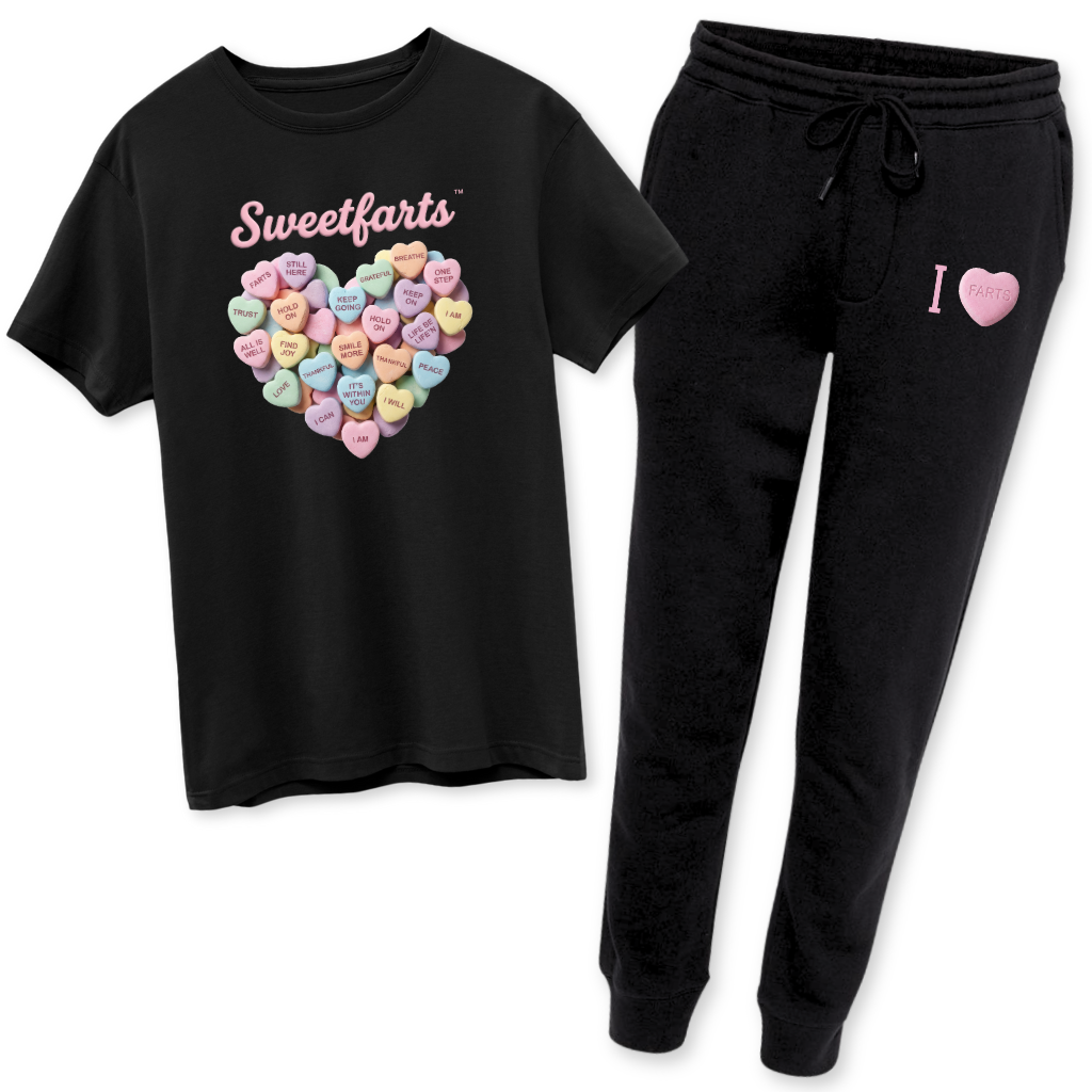 SweetFARTS black t-shirt and joggers bundle with pastel candy heart design – nostalgic mental health outfit for comfort and joy
