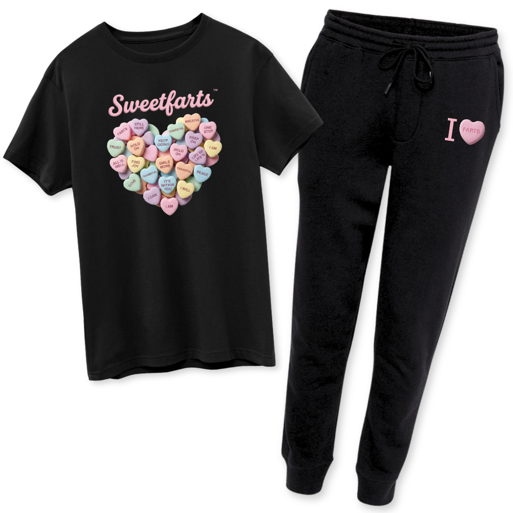 black t-shirt black joggers with SweetFARTS design and I heart FARTS design. bundle for gratitude brand FARTS Find A Reason To Smile