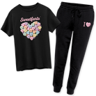 black t-shirt black joggers with SweetFARTS design and I heart FARTS design. bundle for gratitude brand FARTS Find A Reason To Smile