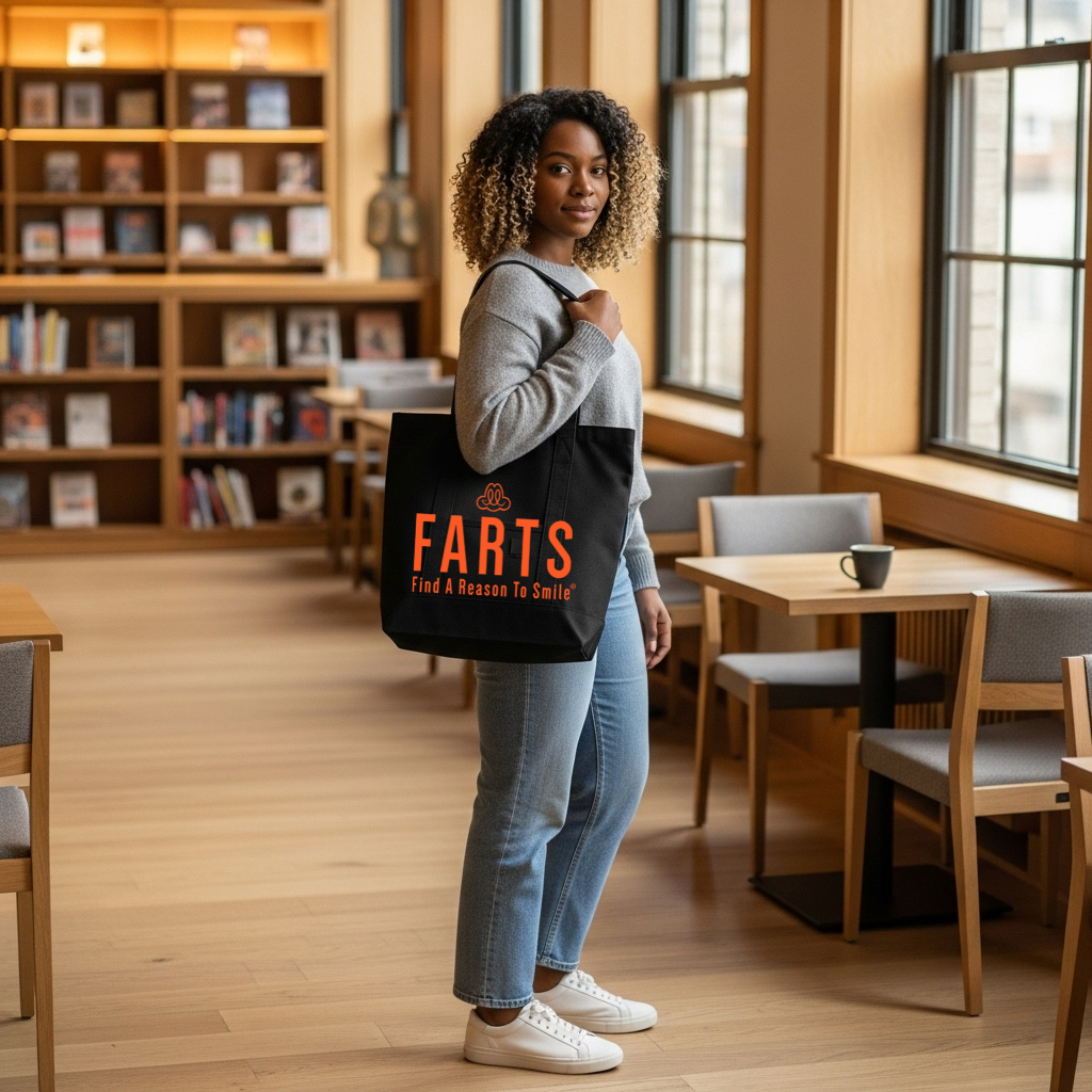 Confident woman standing in a cozy bookstore café holding a black FARTS “Find A Reason To Smile” tote bag, representing mental health awareness and everyday encouragement through stylish accessories