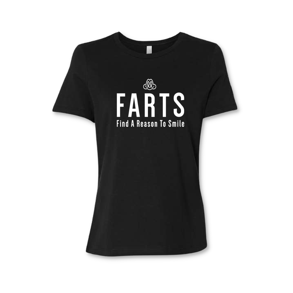 FARTSt-shirt-womensblackandwhite-FARTSFindAReasonToSmile-front