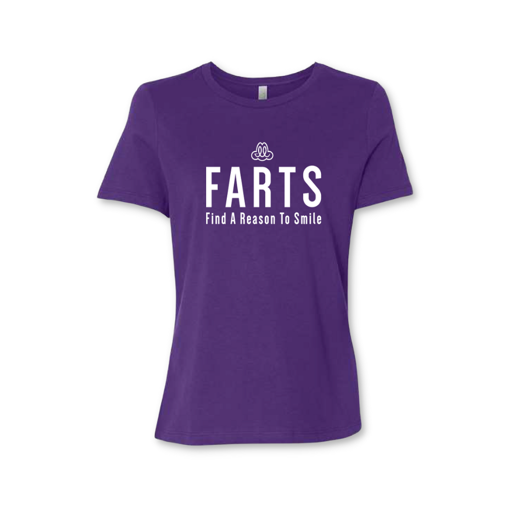 FARTSt-shirt-womenspurpleandwhite-FARTSFindAReasonToSmile-front